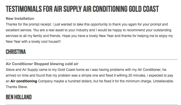 Customer testimonial from our Air Supply review