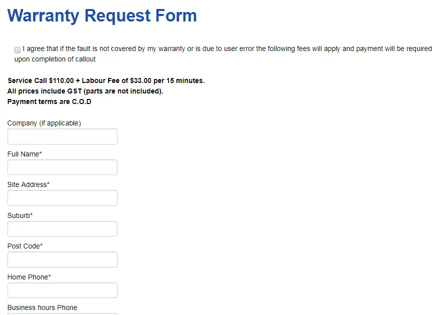 Frost Air warranty request form