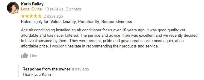 Ace Air Conditioning and Refrigeration Review Customer Testimonial 1