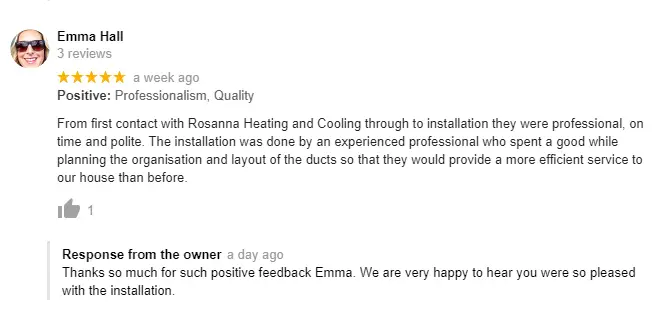 Rosanna Heating and Cooling customer testimonial